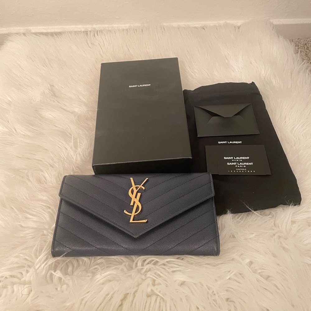 Saint Laurent Navy Clutch with Gold Accent